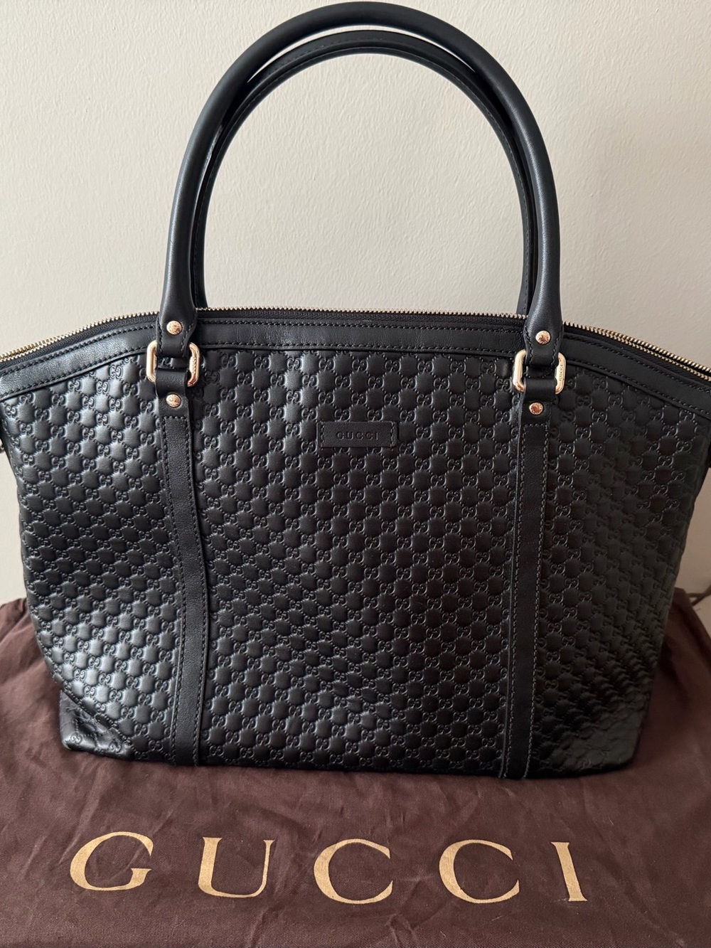 GUCCI Large Dome Micro Guccissima Black Leather Satchel Bag